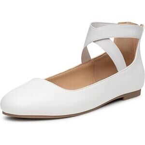Trary Womens Size 8 White Faux Leather Elastic Strap Back Zip Ballet Flat Shoes